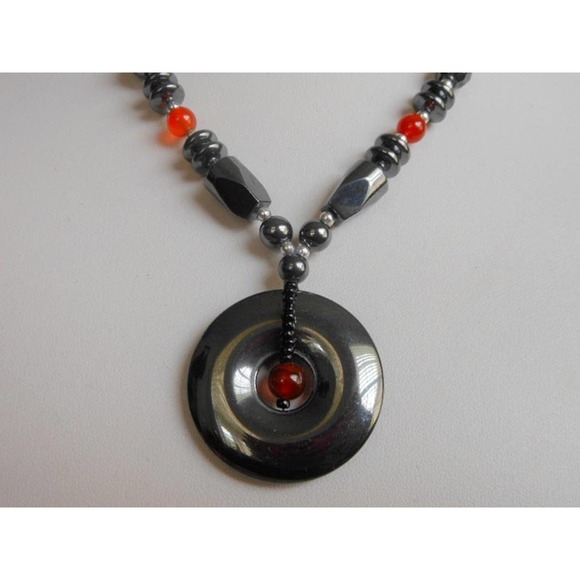 Vintage Hematite & Red Jasper Necklace Donut Pendant 18" - Picture 7 of 8